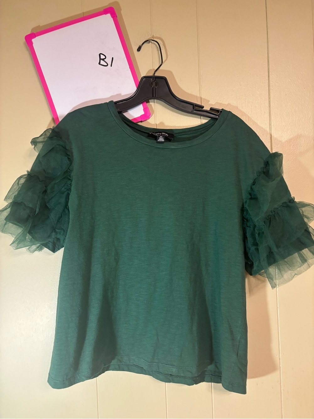 Lea & Viola Dark Green Tulle Ruffle Sleeve Tee